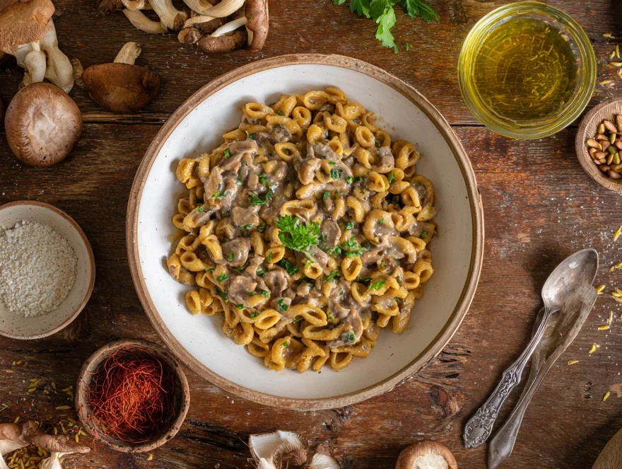 Overhead view of saffron acini di pepe pasta in creamy mushroom sauce, garnished with parsley and pine nuts, surrounded by ingredients on a wooden table.