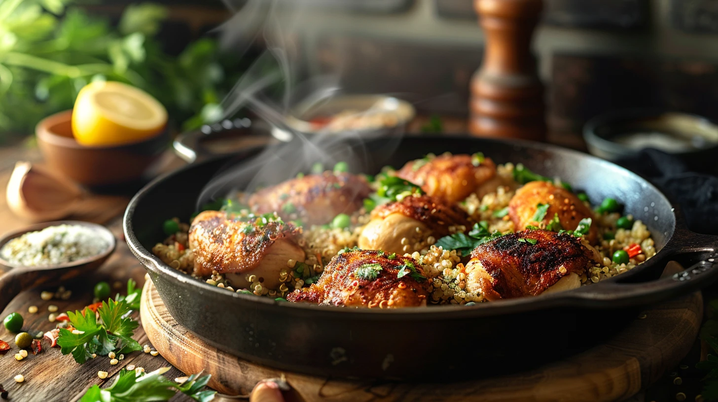Moroccan Quinoa Chicken: An Absolute Flavor Explosion 2 A professional overhead shot of a Moroccan Quinoa Chicken one-pan dinner featuring golden-brown chicken, fluffy quinoa, and fresh herbs in a ceramic skillet.