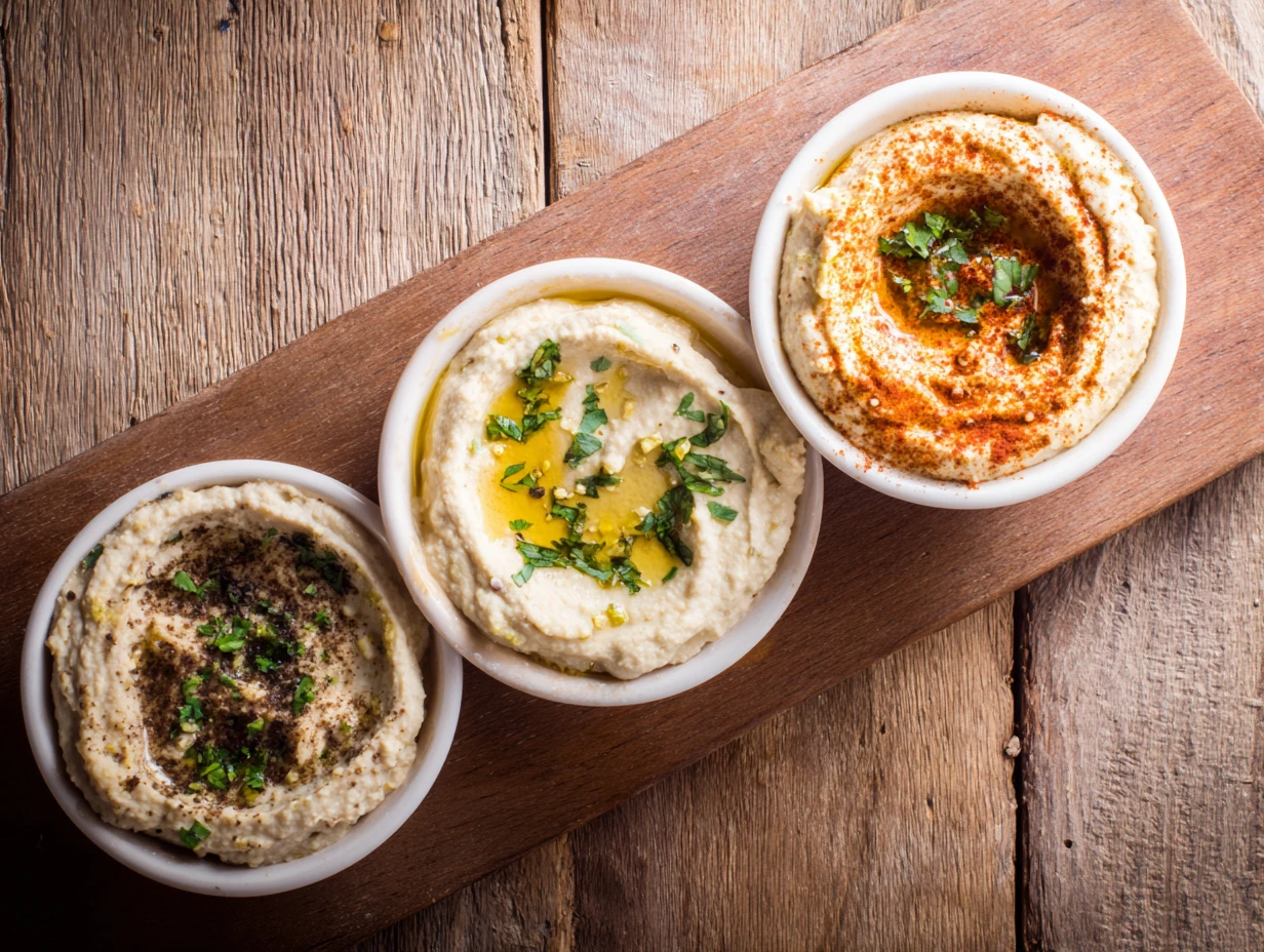 Truffle Hummus: Silky Smooth Perfection 7 u1416823846 Three small bowls of hummus variations on a woode d28c39a5 ff1e 4fa7 9d5b 7ec58387c512 1 www.moroccaneats.com