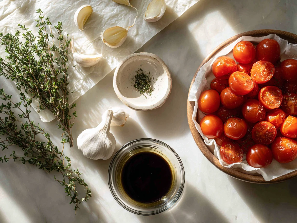 Tomato Tatin Tart : Irresistible Ultimate Delight 4 Ingredients for tomato tatin tart including cherry tomatoes, puff pastry, olive oil, garlic, thyme, and balsamic vinegar arranged on a rustic counter.