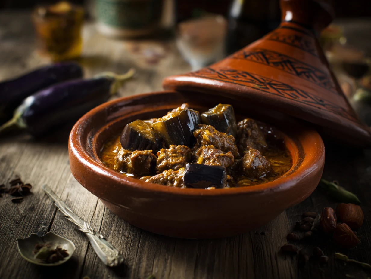 Hearty Tagine with Beef and Eggplants That Delights 2 Traditional Moroccan tajine with beef and eggplants slow-cooked in a clay pot