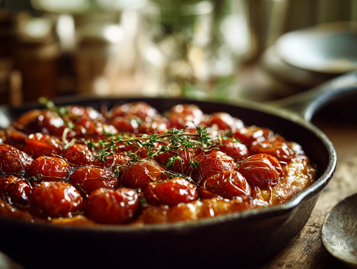 Tomato Tatin Tart : Irresistible Ultimate Delight 5 Upside-down tomato tatin tart with caramelized cherry tomatoes and golden puff pastry in a cast-iron skillet, garnished with fresh thyme.
