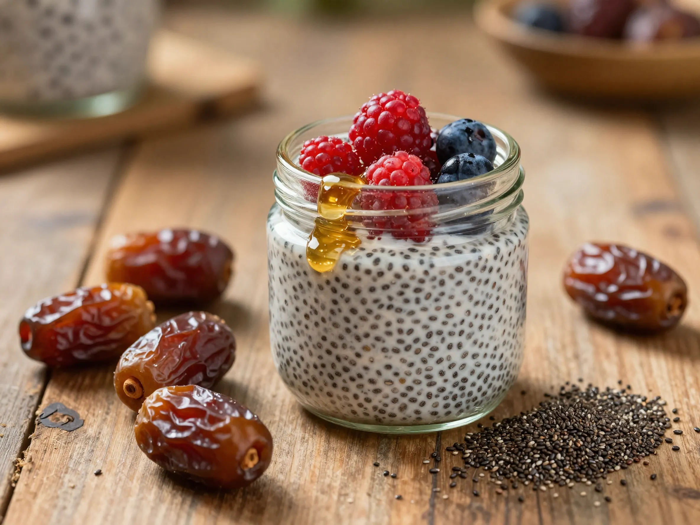 Sweet & Comforting Orange Blossom Chia Pudding Dates 8 Fati bak A warm cozy scene of a single jar of chia pudding on a rustic wo cb7ea6da 49a5 4782 8340 f45b359a3af1 www.moroccaneats.com