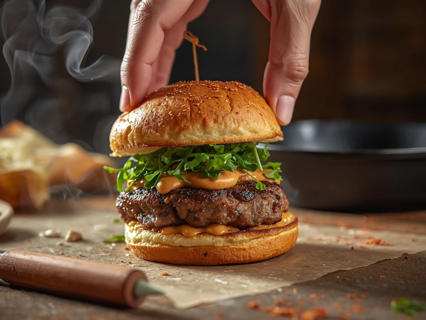 Incredible Lamb Sliders: Bold Moroccan Flavors 6 A hand assembling a Moroccan lamb slider with steam rising from the meat and visible Harissa sauce on a brioche bun.