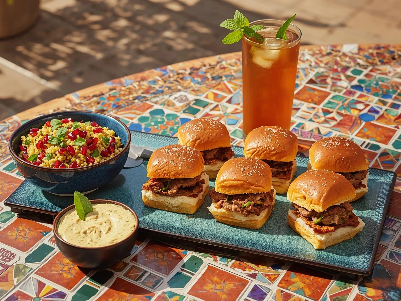 Incredible Lamb Sliders: Bold Moroccan Flavors 7 A full meal spread featuring Moroccan lamb sliders, a vibrant couscous salad, and iced mint tea on a mosaic table.