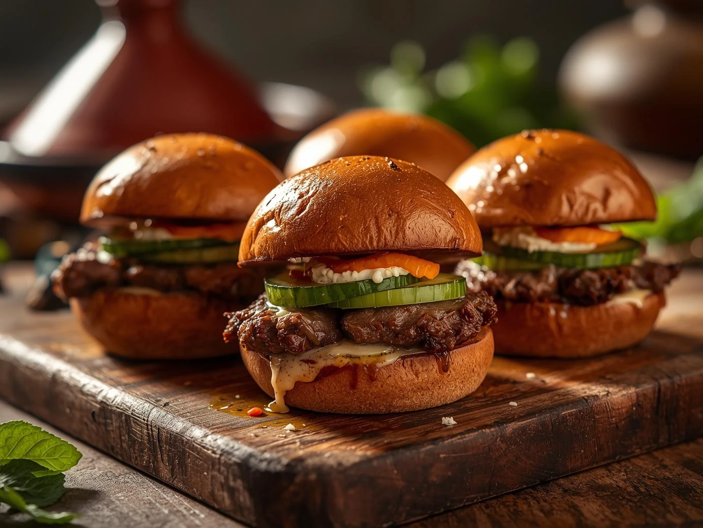 Incredible Lamb Sliders: Bold Moroccan Flavors 3 Three gourmet Moroccan lamb sliders on brioche buns with harissa aioli and fresh herbs on a rustic wooden board, professional food photography.