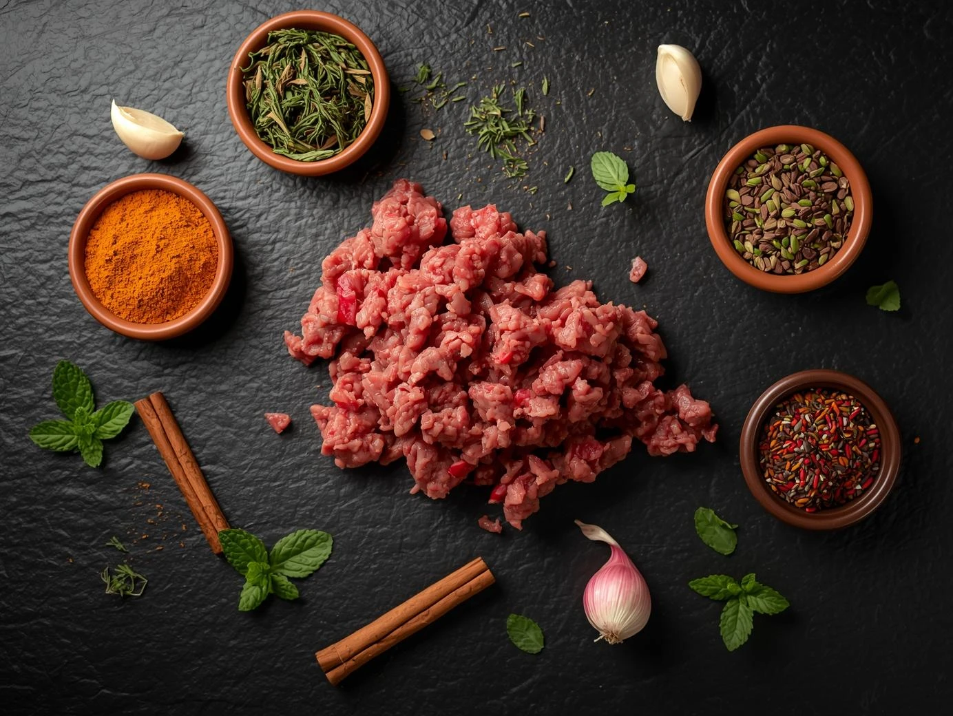 Incredible Lamb Sliders: Bold Moroccan Flavors 4 A flat lay of raw ground lamb, bowls of Moroccan spices like cumin and coriander, fresh mint, garlic, and shallots on a dark background.