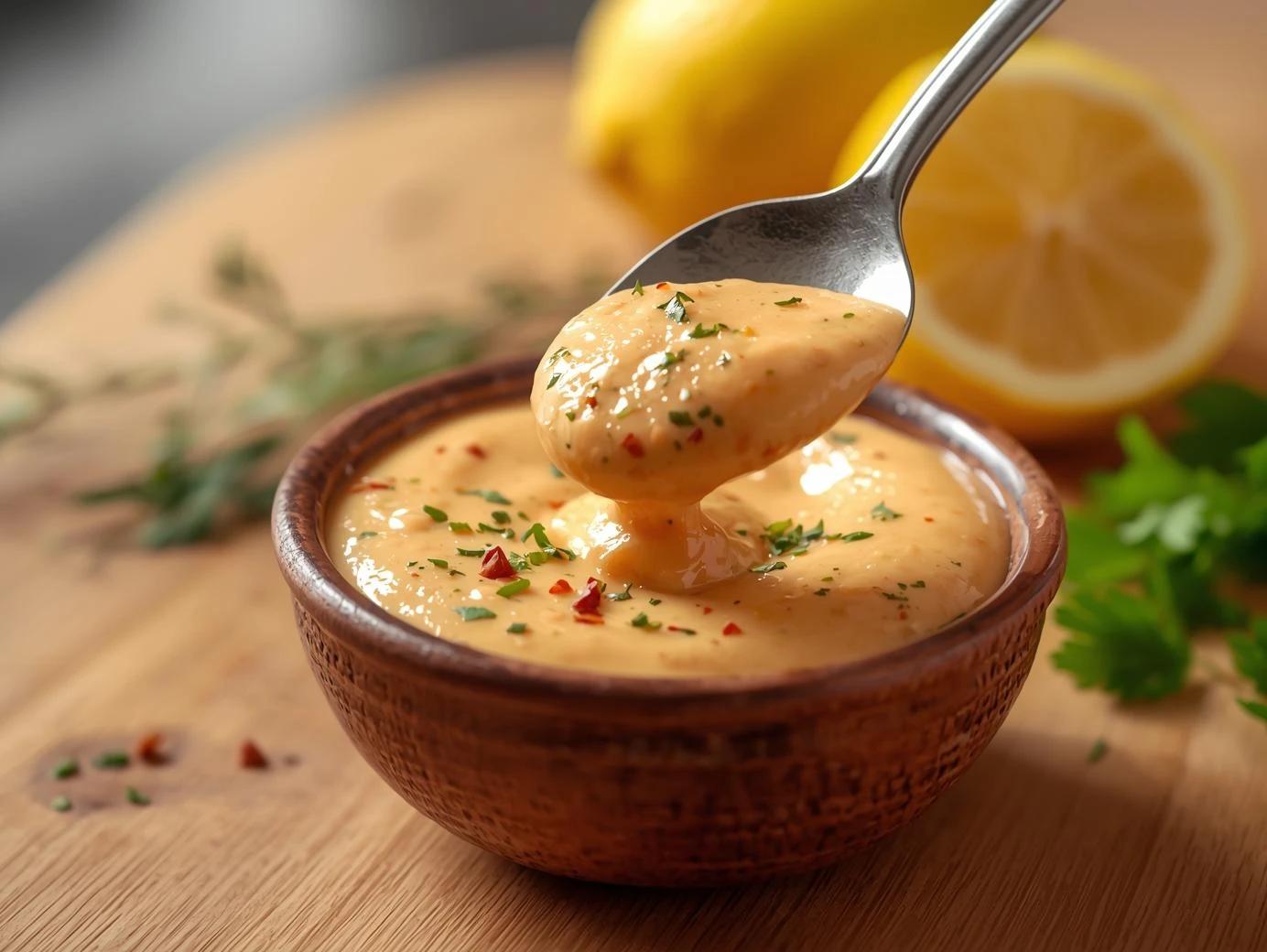 Incredible Lamb Sliders: Bold Moroccan Flavors 5 A close-up of creamy Harissa garlic aioli in a ceramic bowl with lemon and herbs in the background.
