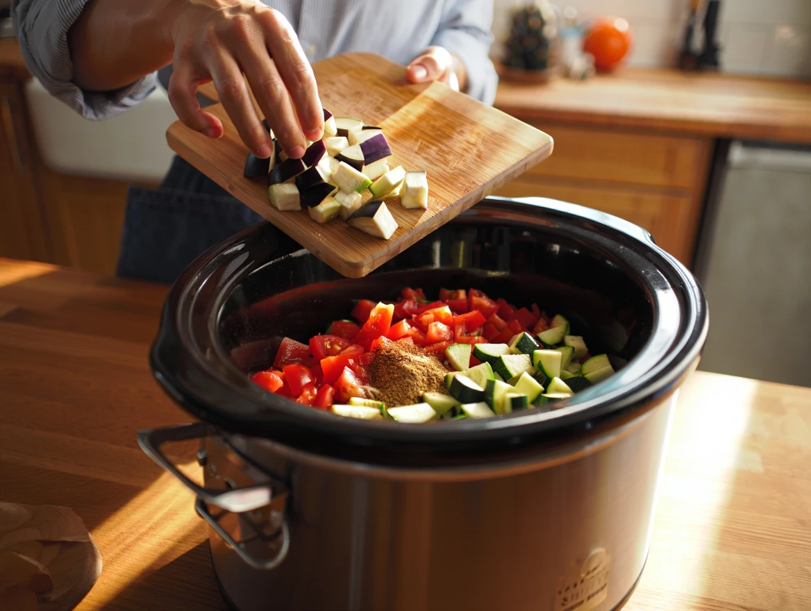 Cozy & Hearty Zaalouk Veggie Stew in Slow Cooker 6 Adding Veggies to Slow Cooker Version 1 www.moroccaneats.com