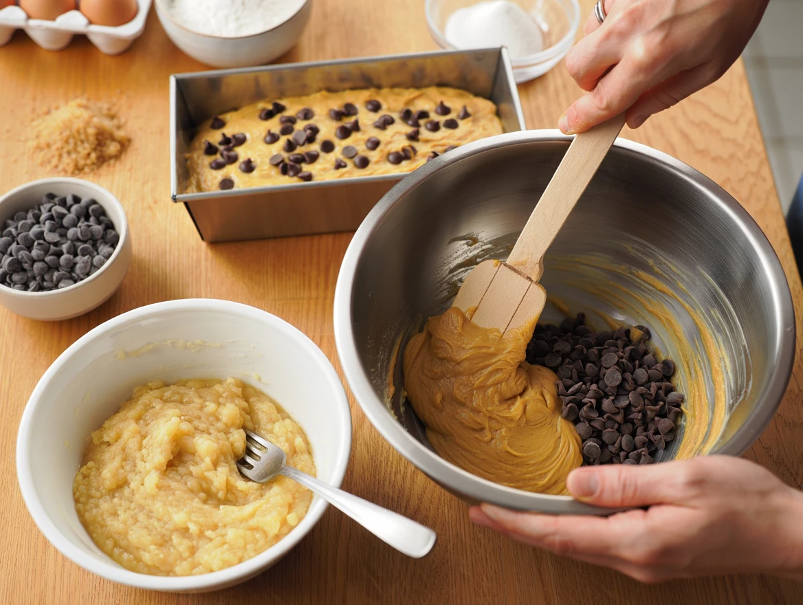 Banana Bread Prep with Chocolate Chips Alt www.moroccaneats.com