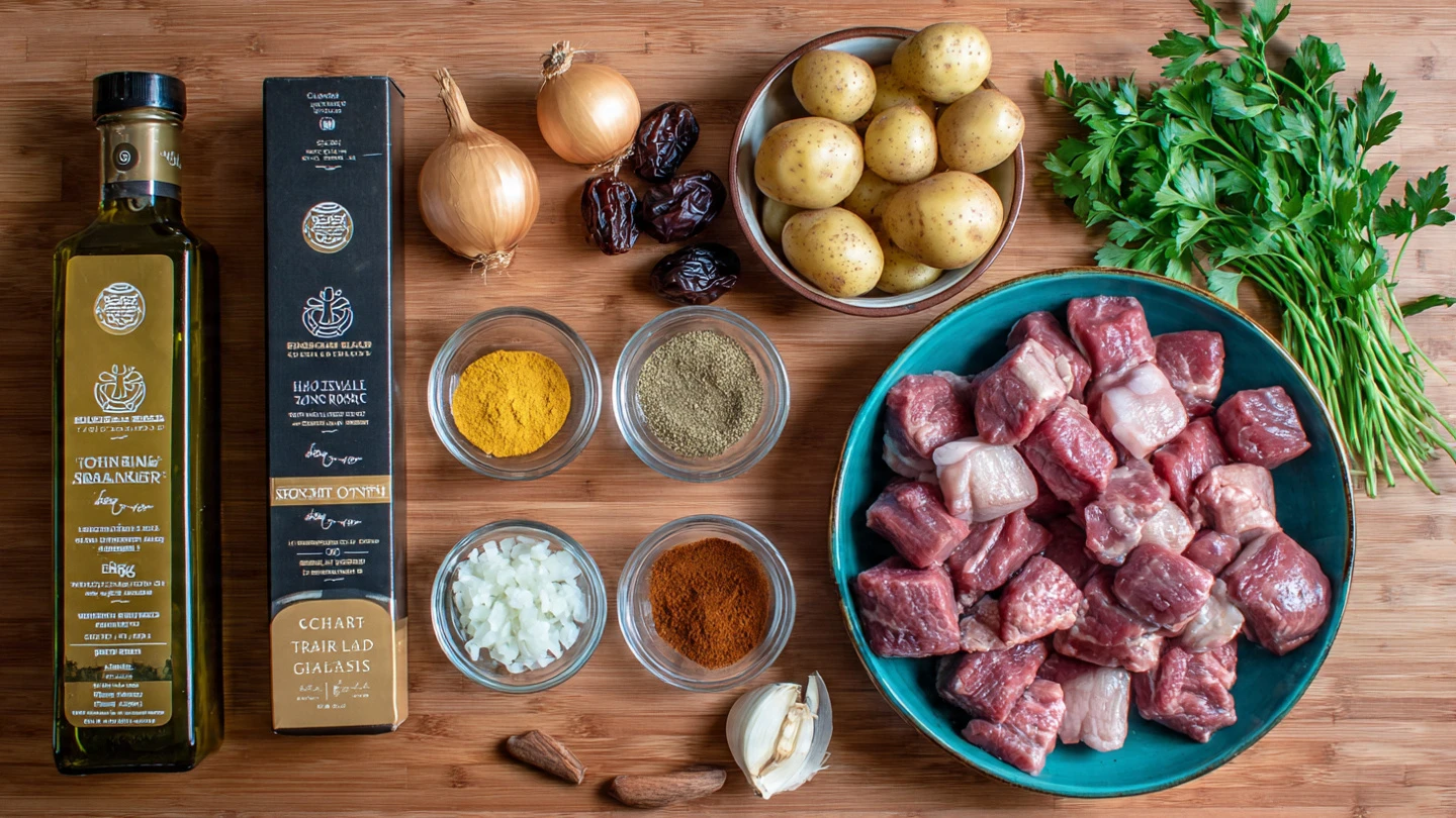 Delicious One-Pan Lamb with Dates & Crispy Potatoes 4 a beautifully arranged flat lay of fresh ingredien www.moroccaneats.com