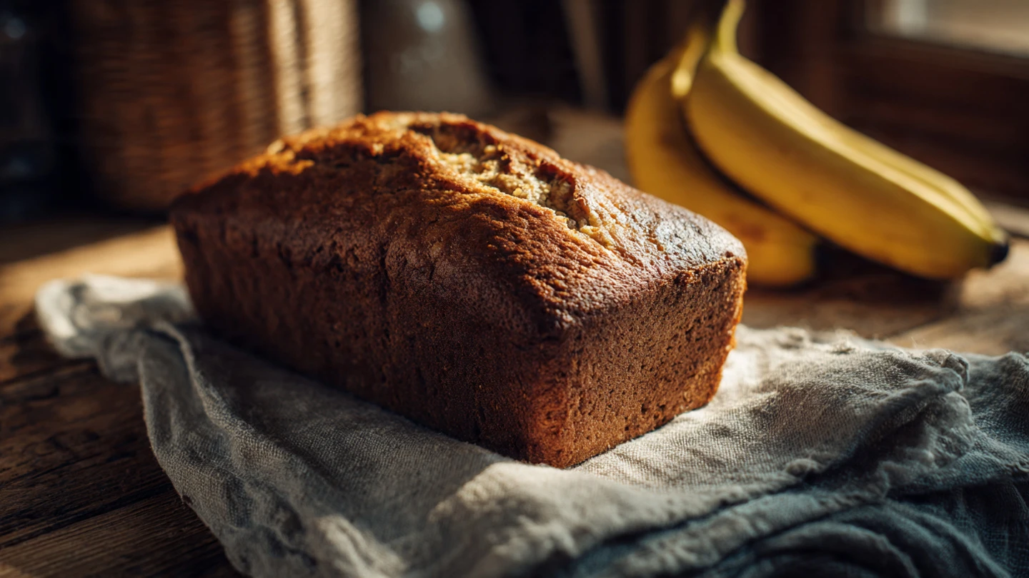 a freshly baked banana bread loaf on a wooden kitc www.moroccaneats.com