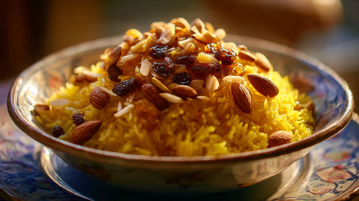 Delicious Saffron Almond Rice with Raisin Butter Recipe 3 a luxurious bowl of saffron almond rice with raisi www.moroccaneats.com