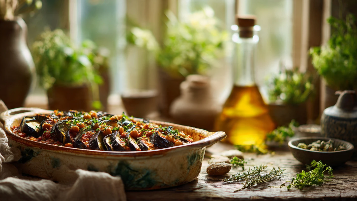 Bold & Delicious Smoky Eggplant Chickpea Chermoula Bake 3 a rustic mediterranean kitchen scene featuring a f www.moroccaneats.com