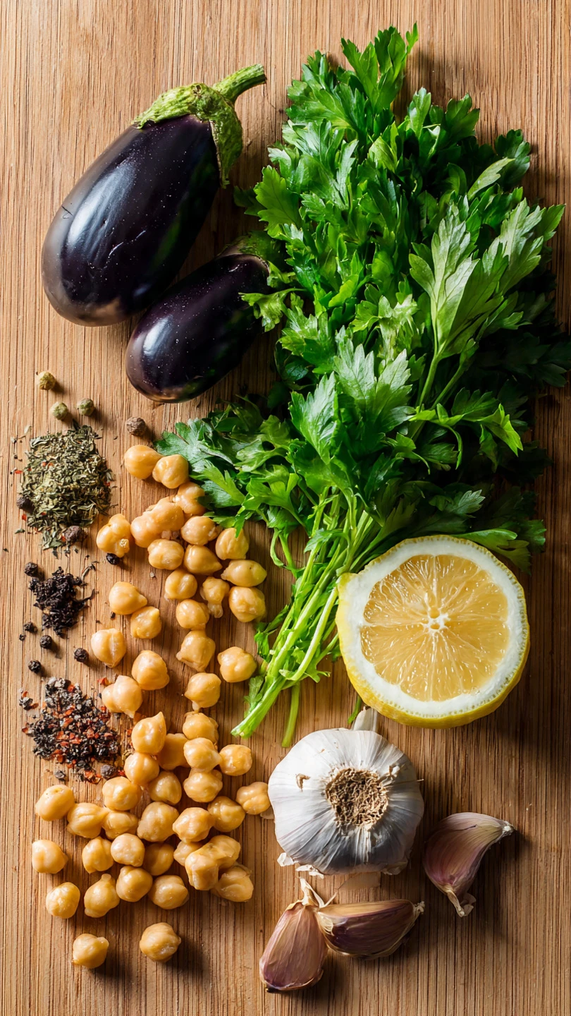 Bold & Delicious Smoky Eggplant Chickpea Chermoula Bake 4 a vibrant flat lay of healthy mediterranean ingred www.moroccaneats.com