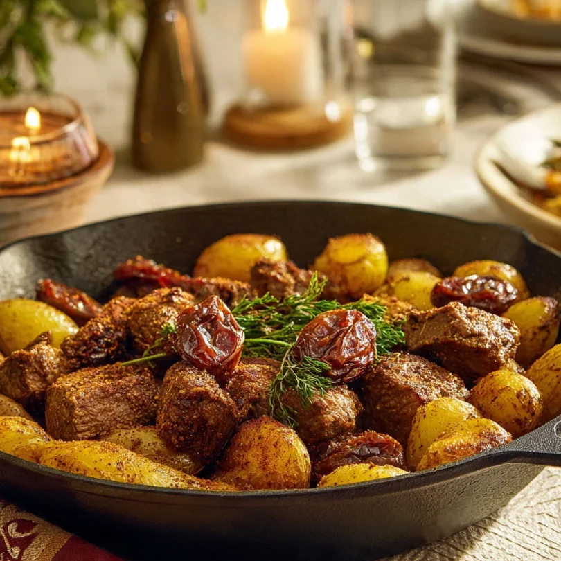 Delicious One-Pan Lamb with Dates & Crispy Potatoes 5 a warm inviting kitchen scene with a rustic skille edited www.moroccaneats.com