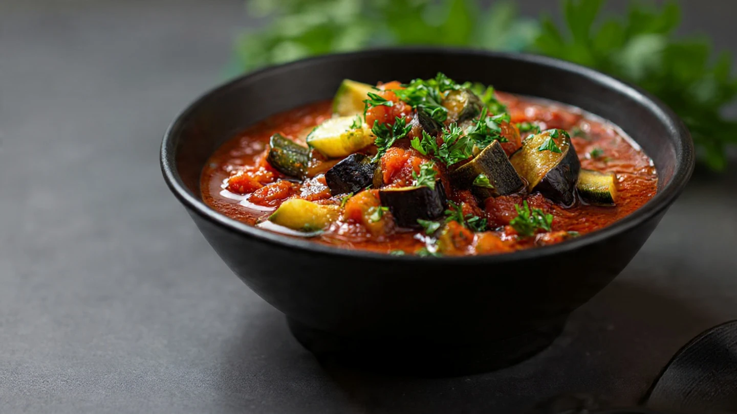 Cozy & Hearty Zaalouk Veggie Stew in Slow Cooker 8 a warm inviting scene of a rustic bowl filled with www.moroccaneats.com