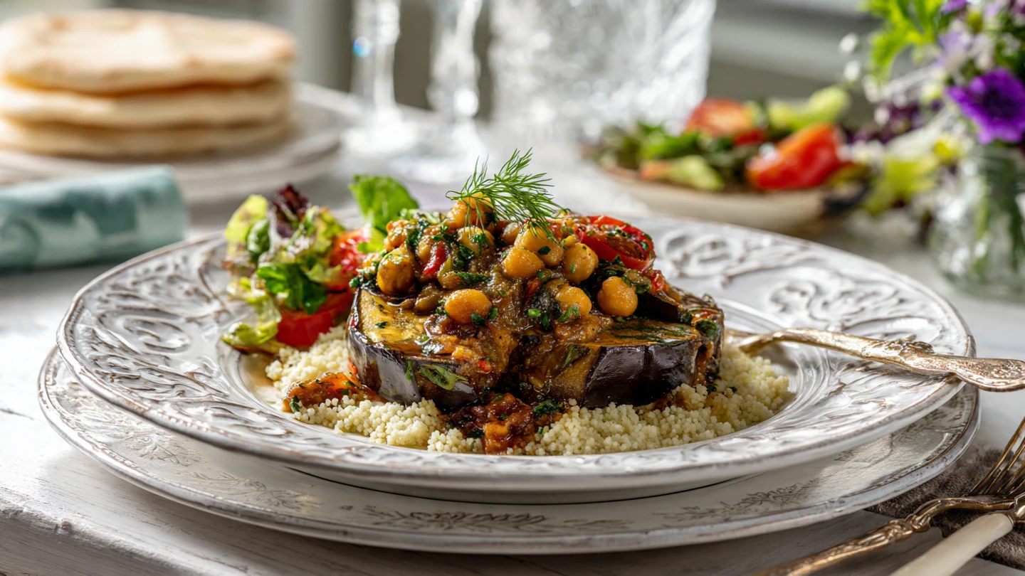 Bold & Delicious Smoky Eggplant Chickpea Chermoula Bake 8 beautiful plated smoky eggplant chickpea chermoula www.moroccaneats.com