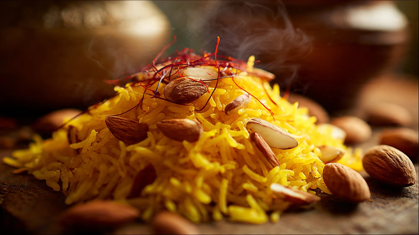 Delicious Saffron Almond Rice with Raisin Butter Recipe 4 close up of fluffy saffron rice grains with visibl www.moroccaneats.com