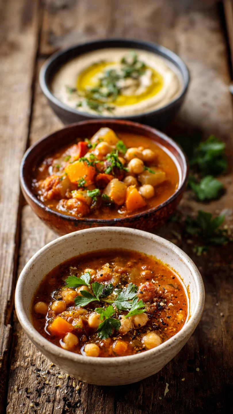 Cozy & Hearty Zaalouk Veggie Stew in Slow Cooker 7 editorial food photography of three small bowls of www.moroccaneats.com