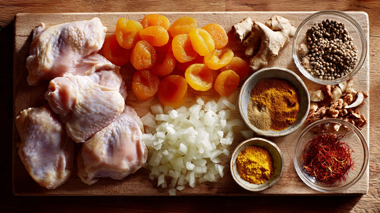 flat lay of fresh ingredients for moroccan chicken www.moroccaneats.com