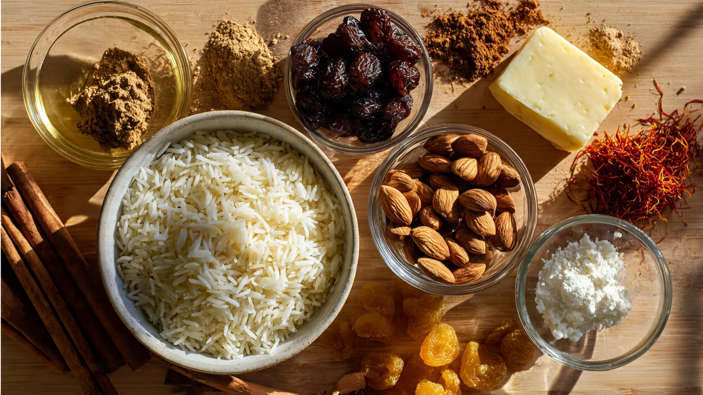 Delicious Saffron Almond Rice with Raisin Butter Recipe 5 flat lay of ingredients for saffron almond rice wi www.moroccaneats.com