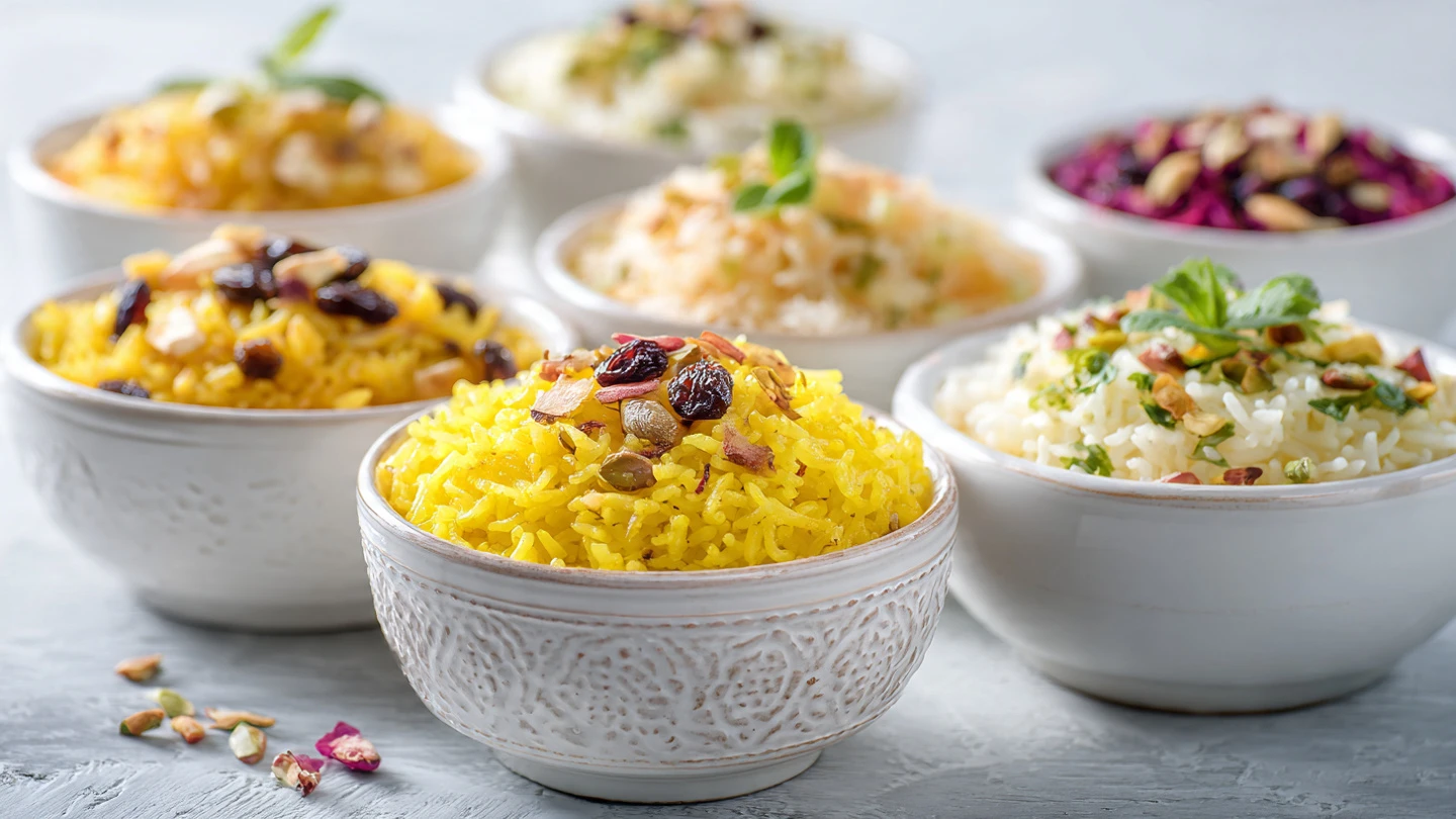 multiple variations of saffron rice in small bowls 1 www.moroccaneats.com