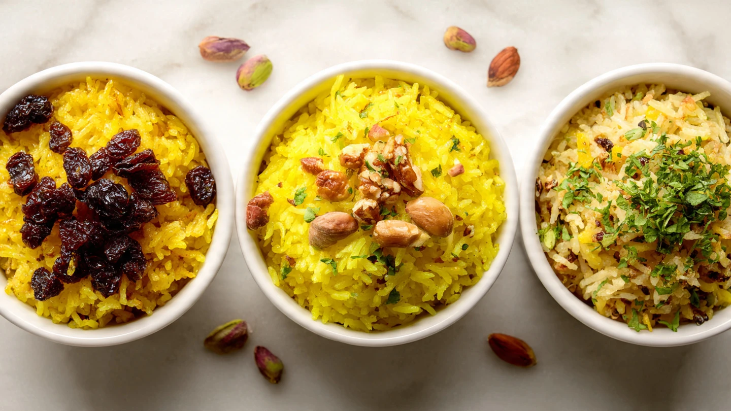 Delicious Saffron Almond Rice with Raisin Butter Recipe 7 multiple variations of saffron rice in small bowls www.moroccaneats.com