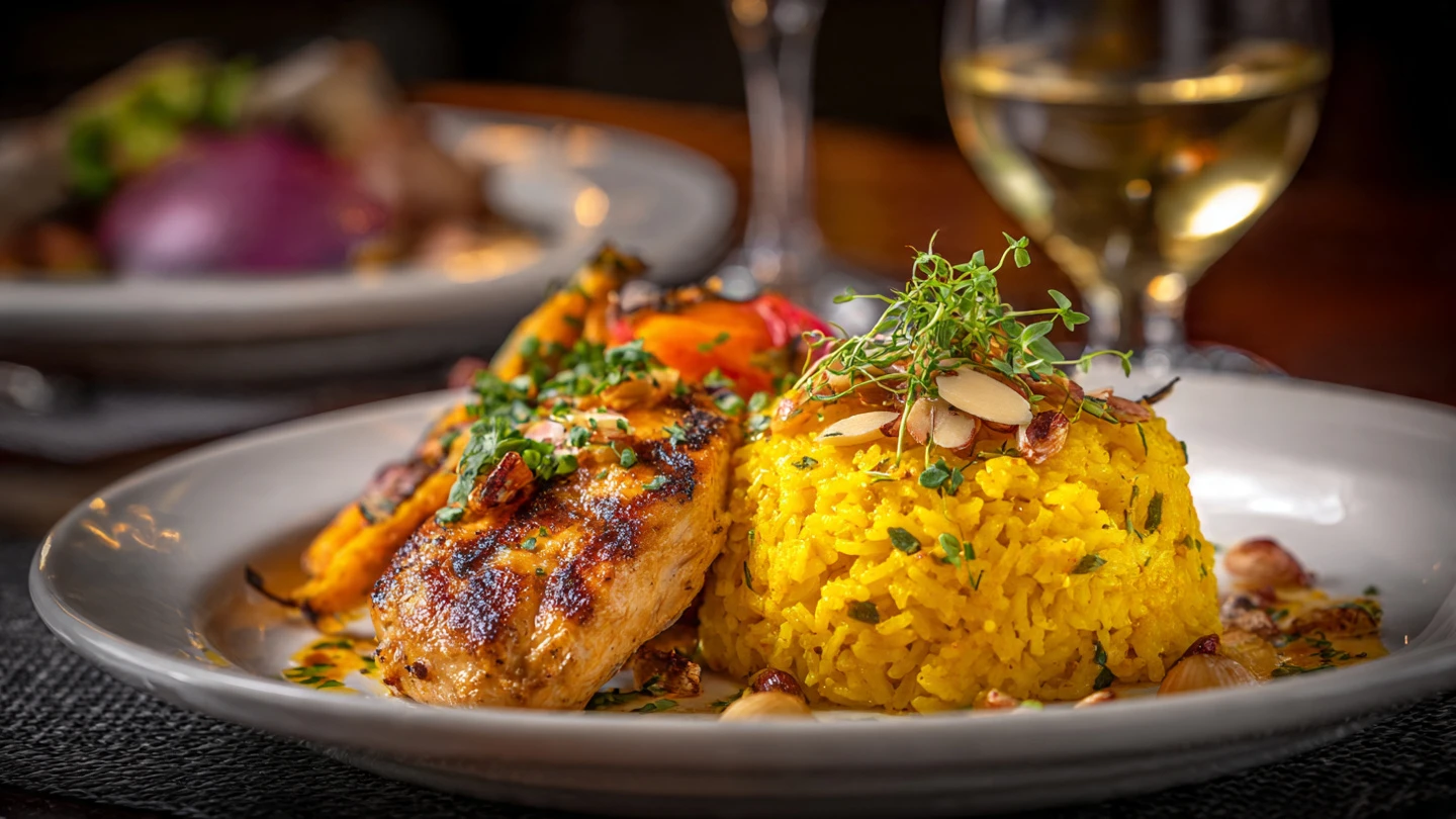 Delicious Saffron Almond Rice with Raisin Butter Recipe 8 saffron almond rice served alongside grilled chick www.moroccaneats.com