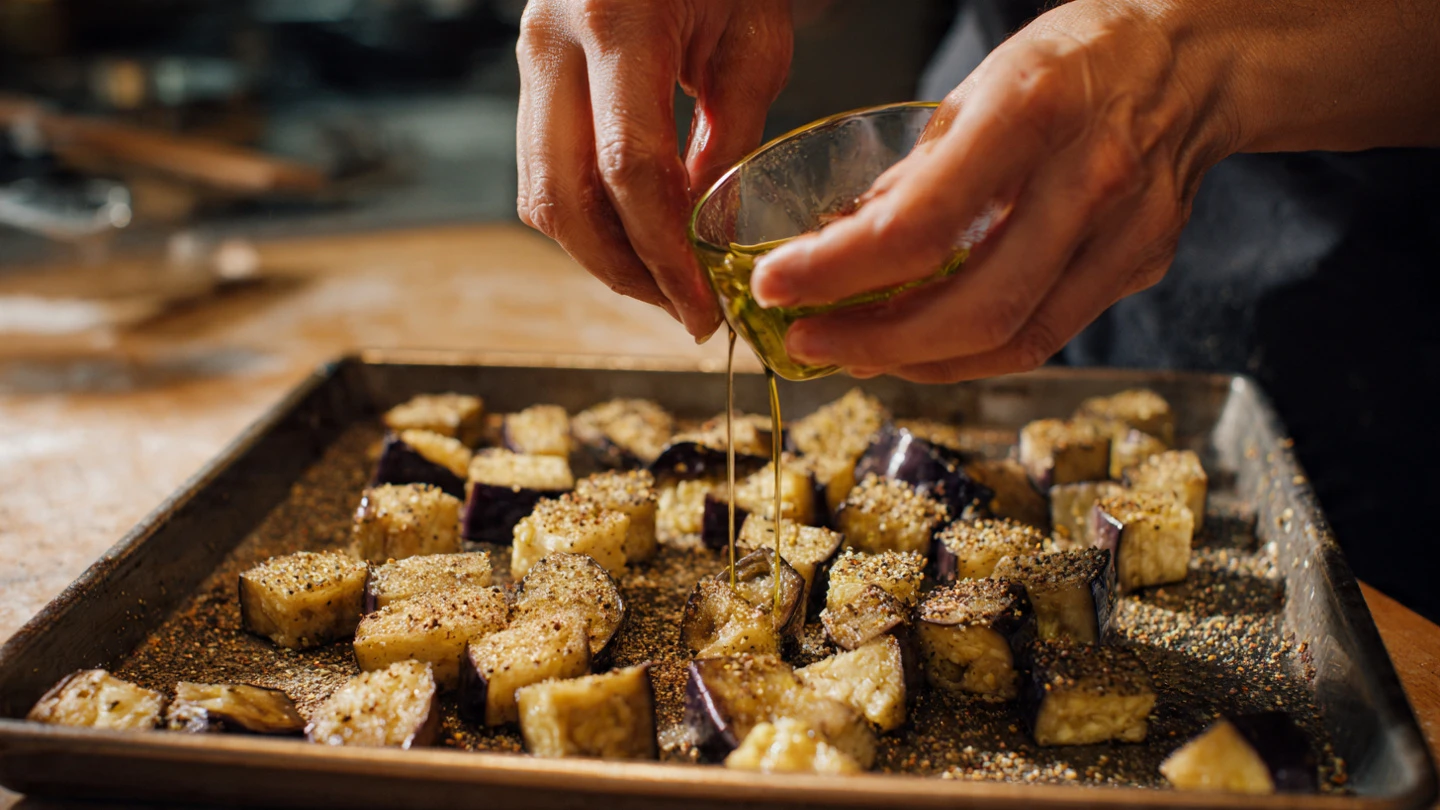 Bold & Delicious Smoky Eggplant Chickpea Chermoula Bake 6 step by step cooking scene showing eggplant cubes www.moroccaneats.com