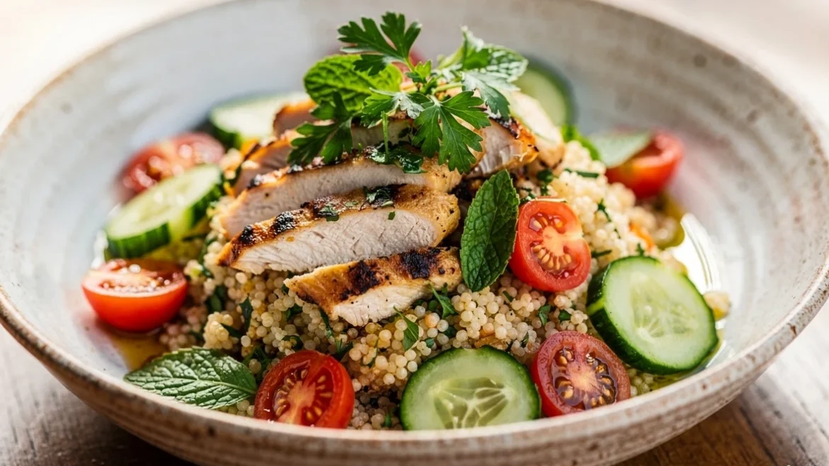 Amazing Summer Couscous with Chicken & Herbs in 30 Minutes You’ll Love 3 a bright sunlit mediterranean style bowl of summer 1 edited www.moroccaneats.com