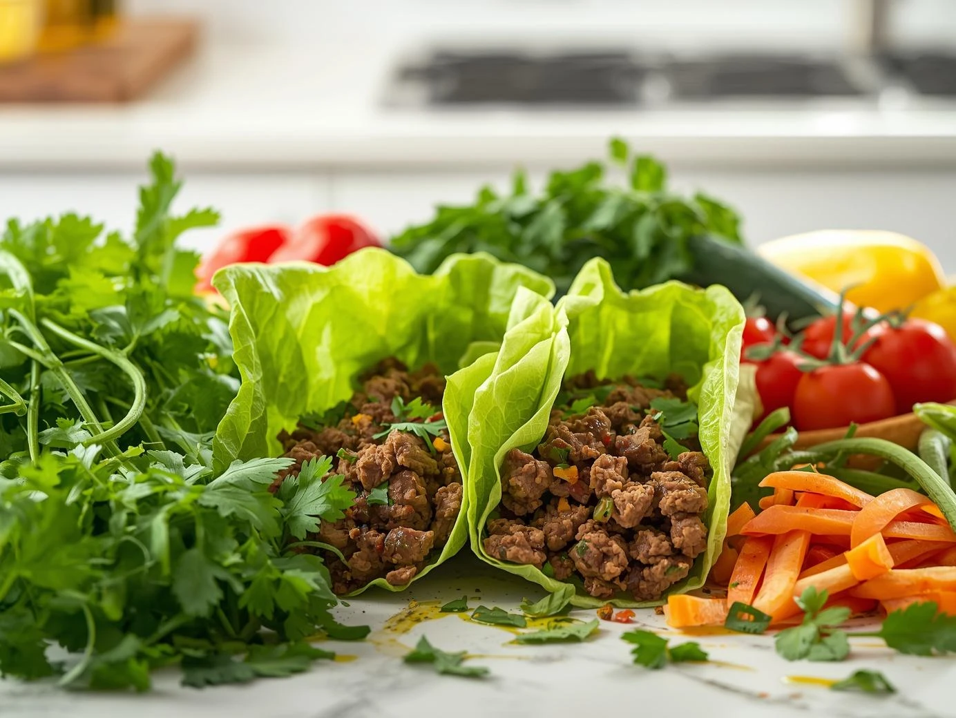 Lamb & Chermoula Lettuce Wraps That Make Every Bite Amazing 4 fresh herbs spices and vegetables clean and bright kitchen background highlighting nutritious ingredients like parsley cilantro and olive oil wellness focu www.moroccaneats.com