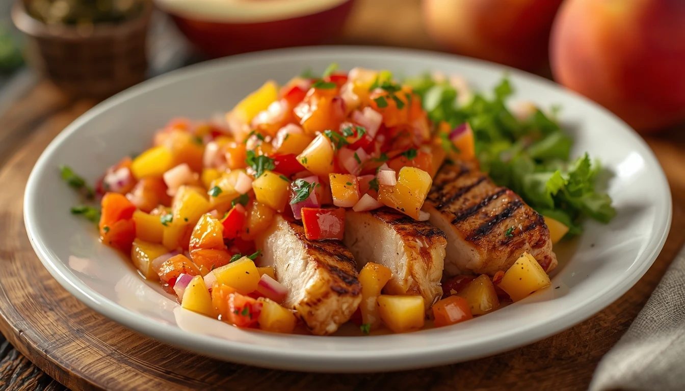 Moroccan Chicken with Peach and Apricot Salsa: Easy and Stunning 2 lucid origin professional photo of A vibrant restaurant style plated dish of Moroccan chicken 0 www.moroccaneats.com