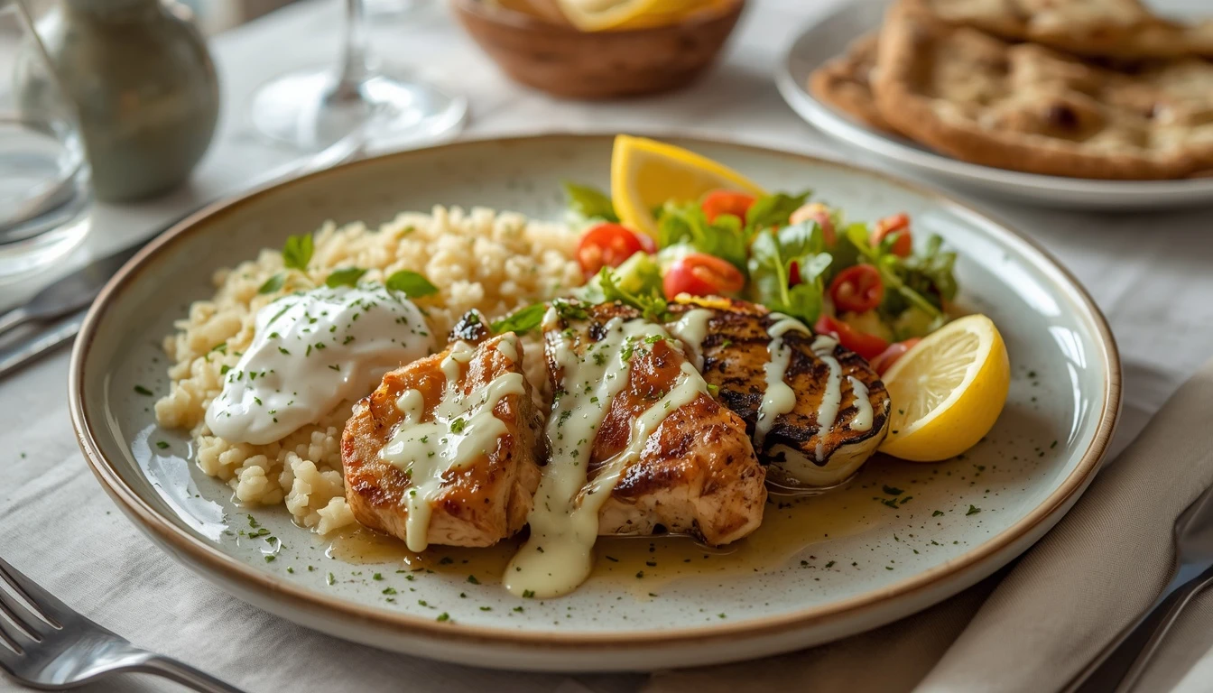 Moroccan Must-Try Grilled Chicken & Eggplant 7 lucid origin professional photo of Beautiful plated Moroccan grilled chicken and eggplant ser 0 www.moroccaneats.com