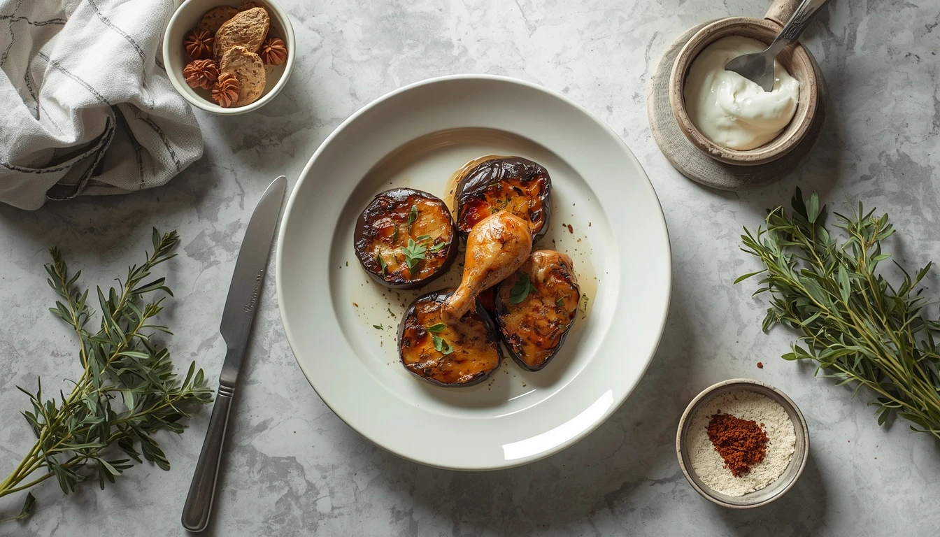 Moroccan Must-Try Grilled Chicken & Eggplant 2 lucid origin professional photo of Clean minimalist Moroccan inspired dinner table scene show 0 www.moroccaneats.com