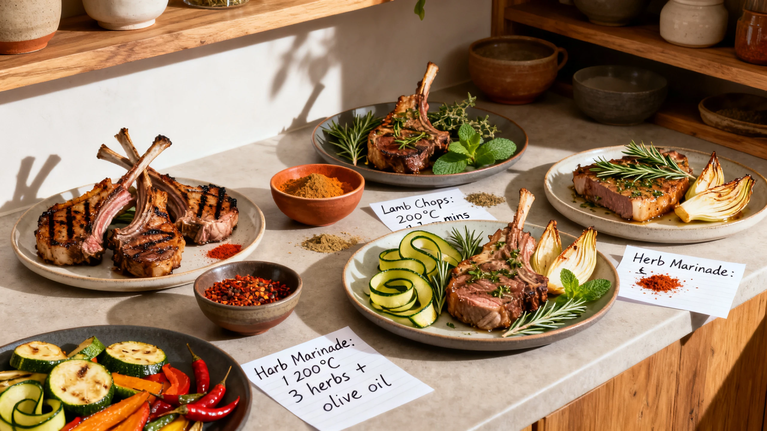 seedream 4.0 A creative chefs kitchen scene showing variations of lamb dishes grilled l 0 www.moroccaneats.com
