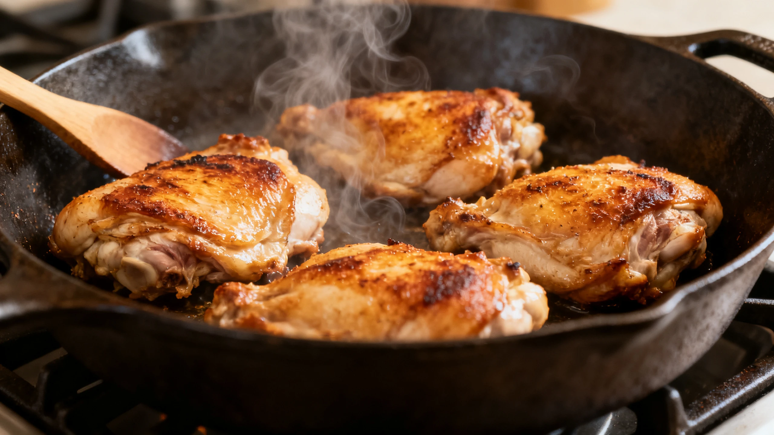 Chicken with Preserved Lemon & Fresh Herbs: One-pan Easy Win Recipe 5 seedream 4.0 Action shot of chicken thighs searing skin side down in a large cast iron skille 0 3 www.moroccaneats.com