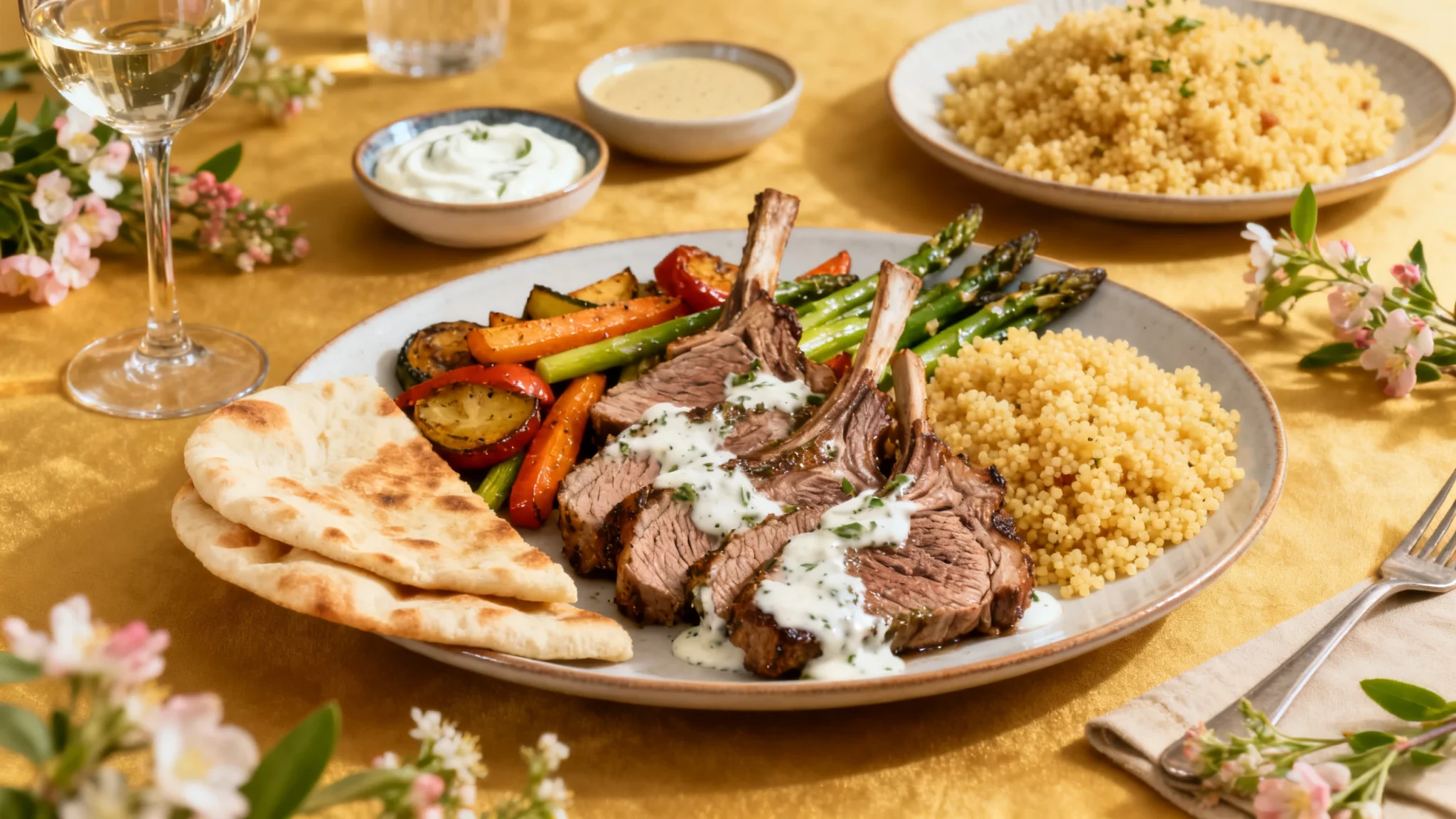 seedream 4.0 Elegant dinner table presentation of sliced yogurt marinated lamb served with 0 www.moroccaneats.com